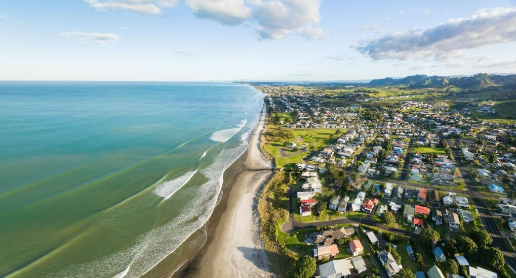 Bay of Plenty coastline Aerial view of coastal properties along the Bay of Plenty coastline.