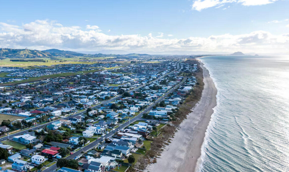 Aerial view of the Papamoa coastline and coastal properties